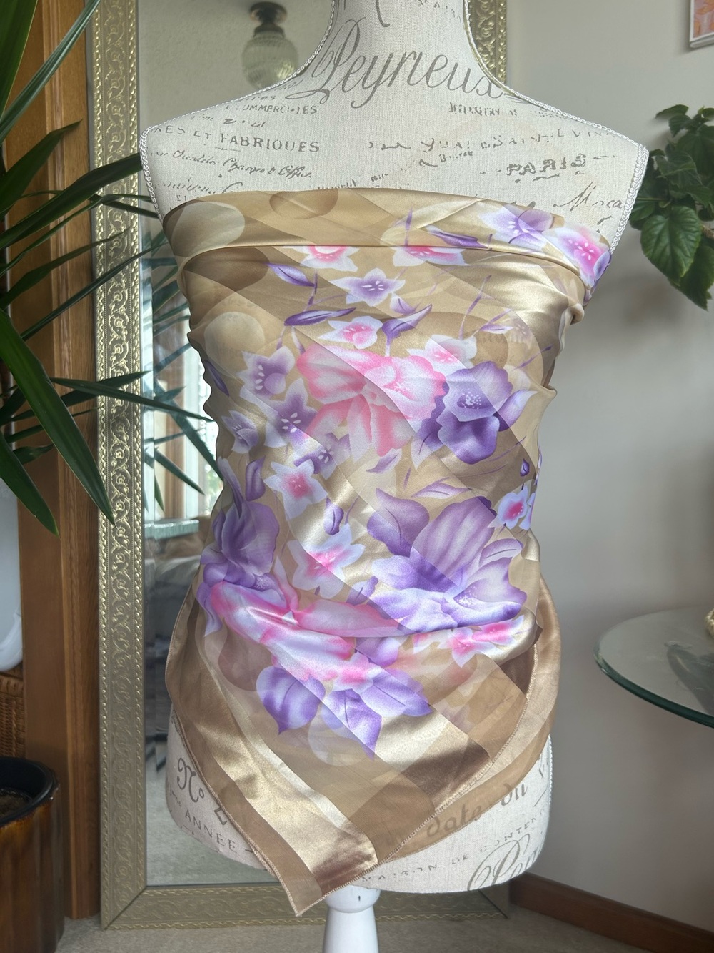 Silky Floral Scarf Top in Gold with Pink & Lavender Blooms